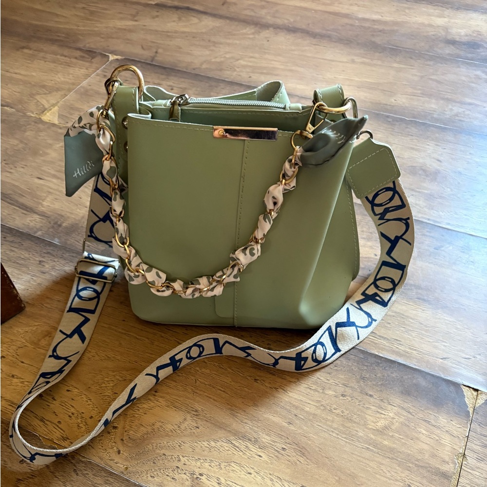 Elegant Olive Crossbody Bag with Patterned Strap